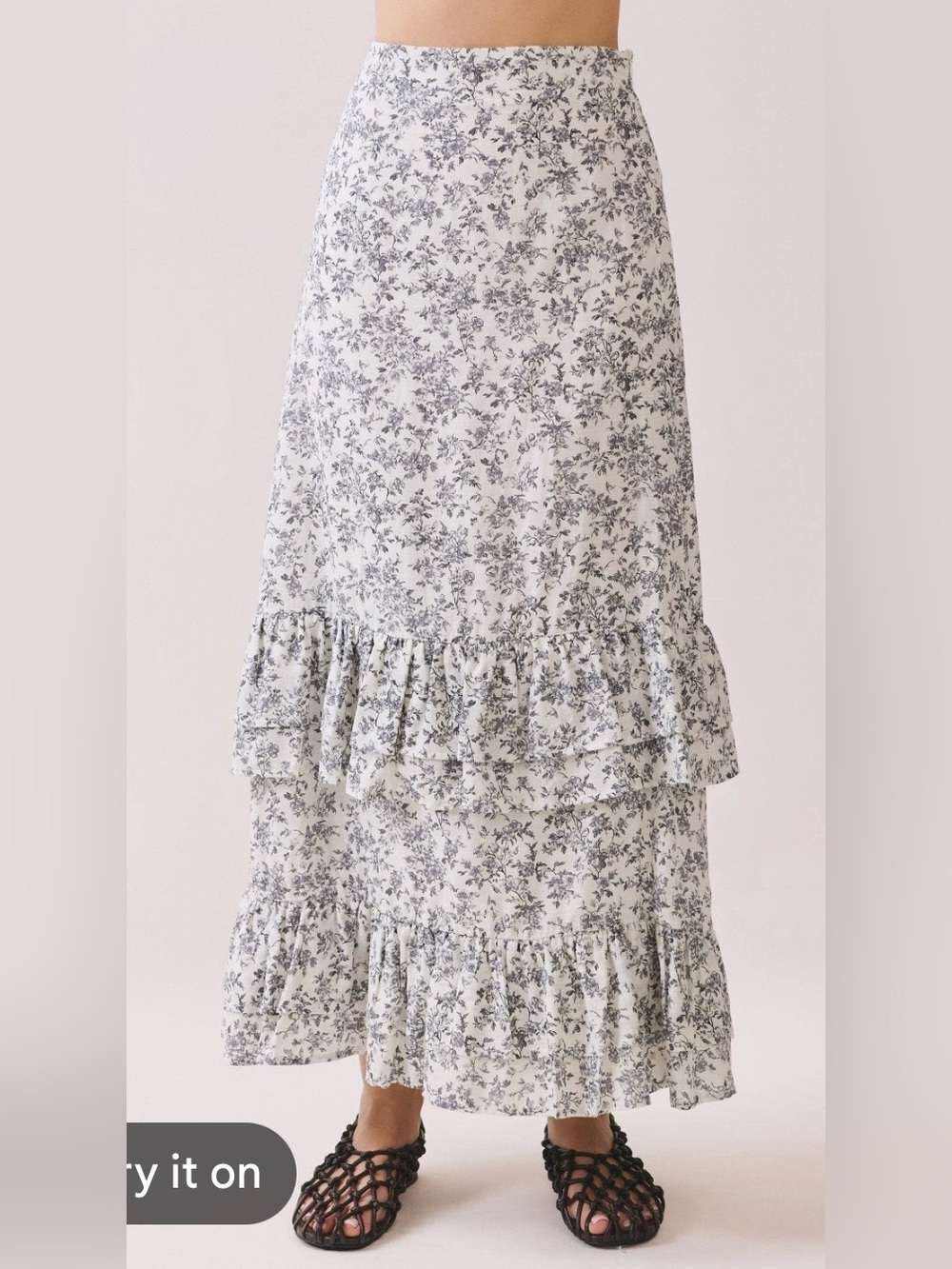 TCEC Maxi Skirt NWT M/ L Black White Floral Toile Cotton Blend Ruffled Tiered